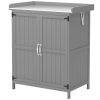 Outsunny Outdoor Storage Cabinet, Garden Tool Shed with Metal Tabletop and Shelf, Wooden Potting Bench with 2 Doors, Gray