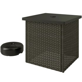Outsunny Wicker Side Table with 1.5" Umbrella Hole, Square Outdoor End Table with UV-Resistant Frame, Storage Space, Mixed-Brown